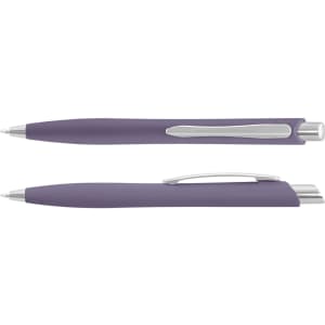 A purple plastic pen with a silver clip and tip. It features a modern design and includes a logo.