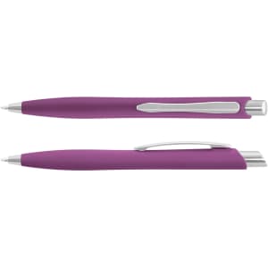 A purple plastic pen with a silver clip and trim, featuring a smooth design. It has a logo on its barrel.