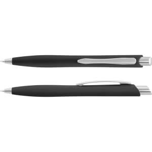 A black plastic pen with a silver clip and a minimalist design, featuring a smooth grip.