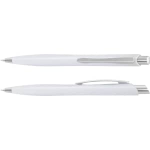 A white plastic pen with silver accents, featuring a sleek design and a clip on one side.