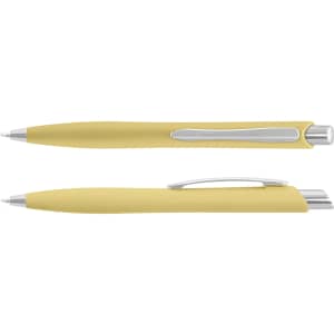 A yellow plastic pen with a silver clip and detailing. The pen features a sleek design and has a branding logo.