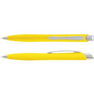 A yellow plastic Javalin pen with a sleek design and a silver clip, featuring a branding logo.