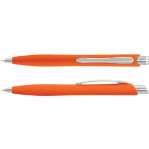 An orange plastic pen with a silver clip and tip, featuring a smooth, contoured grip.