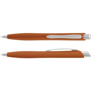 Two brown plastic pens displayed, featuring silver accents and clips, with a sleek design.