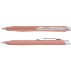 A plastic pen in a soft pink shade with a silver clip and details. It has a sleek, modern design and a logo.