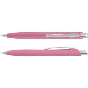 A pink plastic pen with a silver clip and detailing, featuring a smooth, sleek design.