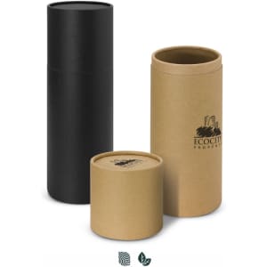 A drink bottle gift tube set in black and kraft brown, featuring three cylindrical containers with logos.