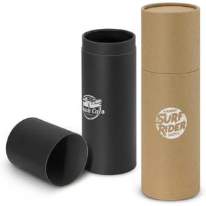 A drink bottle gift tube in black and kraft, featuring a logo, with one tube rimmed open and the other closed.