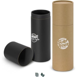 A drink bottle gift tube in matte black and kraft paper, featuring a logo on each tube.