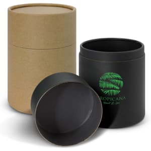 A reusable cup gift tube featuring a black and kraft paper design, with an embossed logo on the black tube.