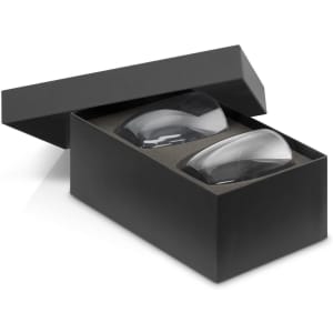 A black box containing two double wall glass tumblers, showcasing a sleek, modern design.