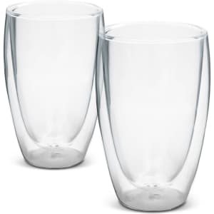 A double wall glass set featuring two clear glasses, designed with a sleek, modern shape.