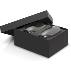 A set of two double wall glass tumblers in a black gift box with foam padding. Each glass appears clear and elegant.