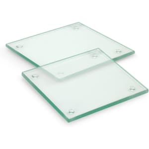 A set of two square glass coasters, featuring a clear finish with rounded corners and rubber feet for grip.