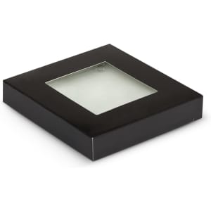 A square black box containing a transparent glass coaster set. The box has a viewing window to display the coasters.