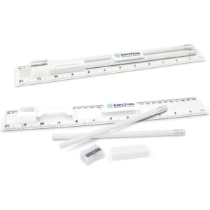 A stationery set featuring white pencils, a ruler, and an eraser, all with branding.