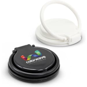 A phone ring stand in black and white, featuring a logo on the black side.