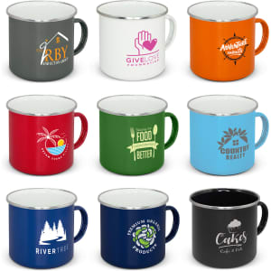 A set of nine enamel mugs in various colours, each with a unique logo and design.