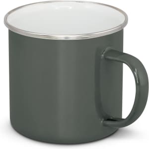 A green enamel mug with a white inner surface and a metallic rim, featuring a handle and branding.