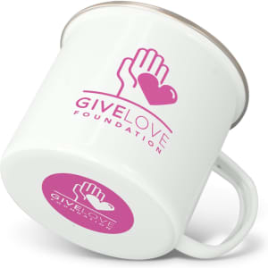 A white enamel mug with a silver rim, featuring a logo on both sides.