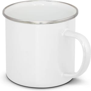 A white enamel mug with a silver rim and a handle, featuring a logo.