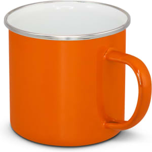 An orange enamel mug with a white interior and a silver rim. It features a sturdy handle and a logo.