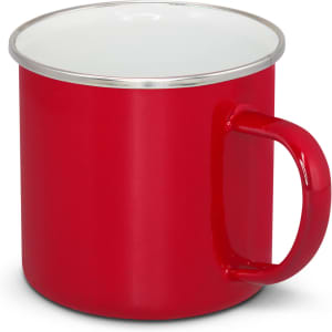 A red enamel mug with a white interior and a shiny silver rim. Features a sturdy handle and has a logo.