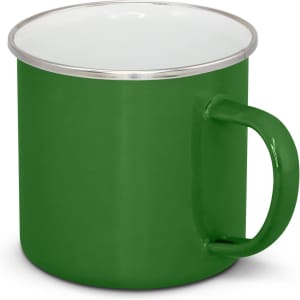 A green enamel mug with a silver rim and a sturdy handle, featuring a logo.