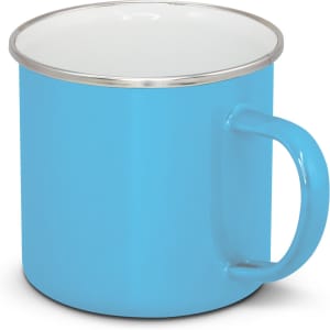 A blue enamel mug with a silver rim and a sturdy handle. It features a logo on one side.