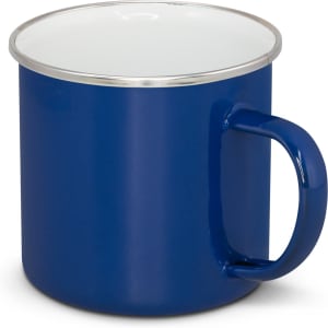 A blue enamel mug with a white interior and a sturdy handle. It features a circular shape and shiny rim.
