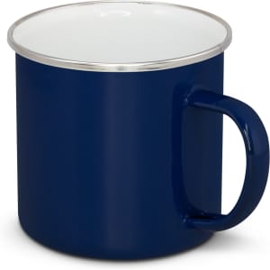 A navy enamel mug featuring a white interior and a sturdy handle. Includes a branding logo.