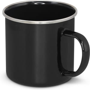 A black enamel mug with a silver rim and a sturdy handle. It features a logo on the side.