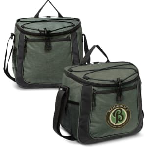 A green cooler bag with a zippered top, featuring a side mesh pocket and a logo. Ideal for food and drink storage.