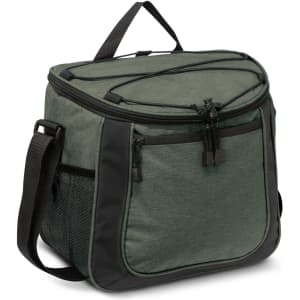 A green cooler bag with zippered compartments, a sturdy handle, and a mesh side pocket. It features a logo on the front.