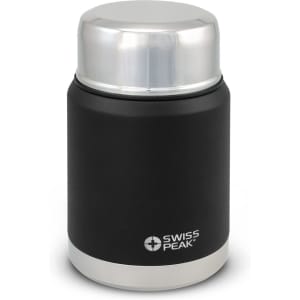 A drink bottle with a black exterior and silver top, featuring a logo on the body.