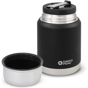 A drink bottle in matte black with a stainless steel interior, accompanied by a matching bowl, featuring a logo.