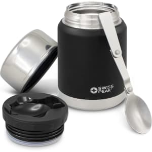 A drink bottle in black and silver, featuring a spoon and a lid, with a branding logo.