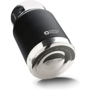 A drink bottle in matte black with a silver stainless steel top and a logo displayed on the body.