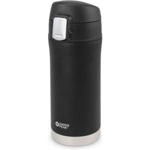 A drink bottle in matte black with a silver base and a secure lid, featuring a logo.