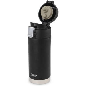 A drink bottle in matte black with a silver base, featuring a flip-top lid and a logo.