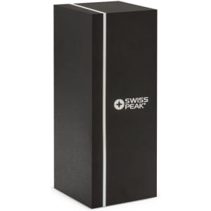 A sleek black gift box featuring a logo, designed to hold a promotional product.