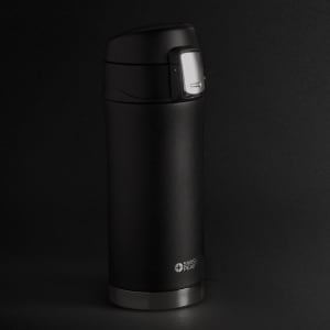 A drink bottle with a sleek black finish and a silver base, featuring a logo.