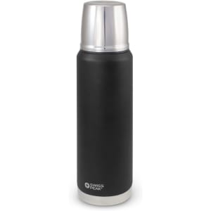 A drink bottle with a matte black finish and silver top, featuring a logo.