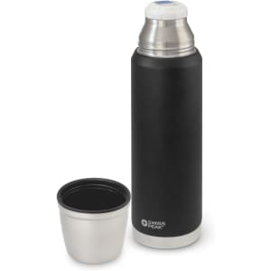 A drink bottle in matte black with a stainless steel top, accompanied by a matching stainless steel cup.
