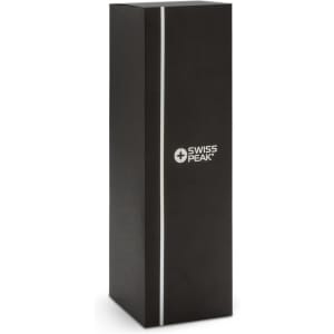 A black box with a vertical silver stripe and a logo on the front, designed for packaging the Swiss Peak Elite Copper Vacuum Flask.