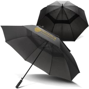 A black storm umbrella with a sturdy frame and a handle, featuring a logo. Suitable for protection against rain.