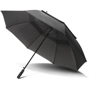 A black 76cm storm umbrella with a sturdy frame and a handle, featuring a logo.