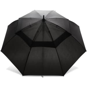 A black 76cm storm umbrella with multiple panels and a sturdy construction, featuring a logo.