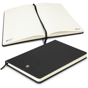 A black A5 notebook with lined pages, featuring an elastic band and a logo on the cover.