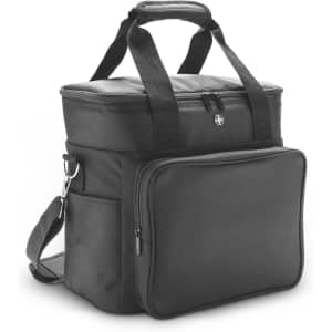 A black cooler bag with a zippered front pocket and dual handles, featuring a detachable shoulder strap.